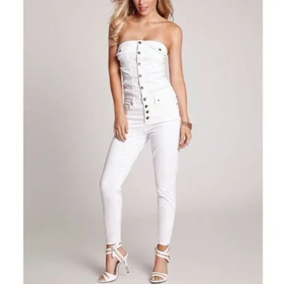 NEW Guess Strapless Button-Up front Denim skinny logo Jumpsuit 6 White - Picture 3 of 17